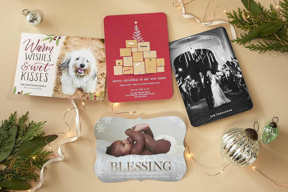 Four holiday cards featuring a photographs of a white dog a wedding ceremony a baby and a christmas tree with packages