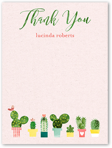 Pink personalized baby shower thank you card featuring seven green cacti displayed at the bottom