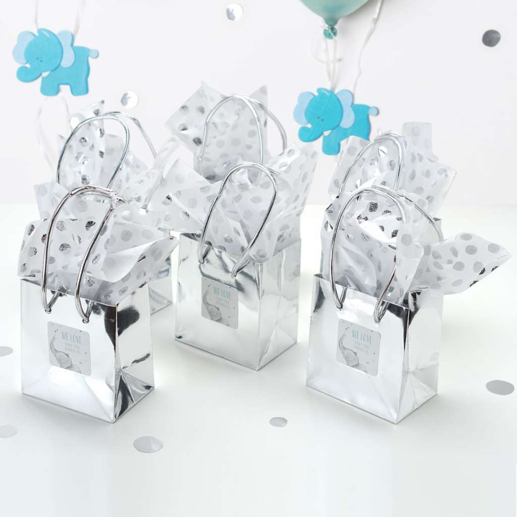 metallic silver party bags for guests.