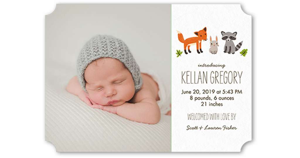Simple baby announcement with one photo and animal illustration