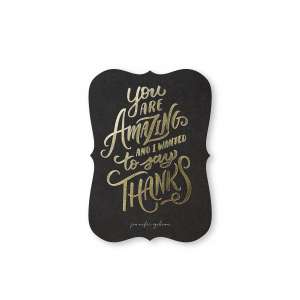black card with gold font with a thank you message in cursive writting with a decorative boarder