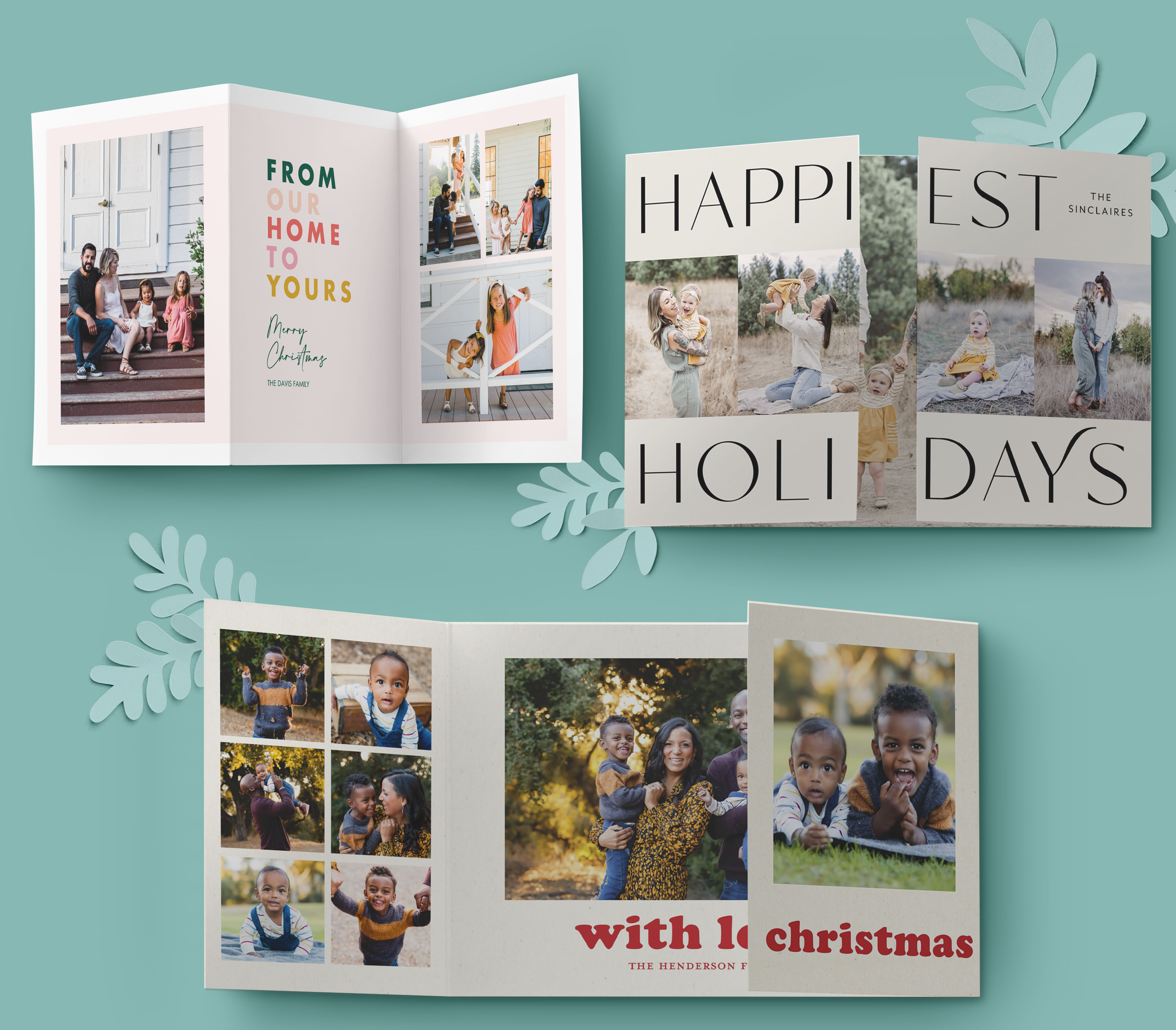 Christmas and holiday trifold cards featuring a teal background